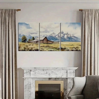 3pcs Mountain Barn Rustic Landscape Snowy Peak Wall Art Set Canvas Framed 40x60cm - High Quality Print 100% Australian Made Wall Canvas Ready to Hang