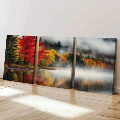 3pcs Autumn Colors Misty Lake & Vibrant Trees Wall Art Set Canvas Framed 40x60cm - High Quality Print 100% Australian Made Wall Canvas Ready to Hang