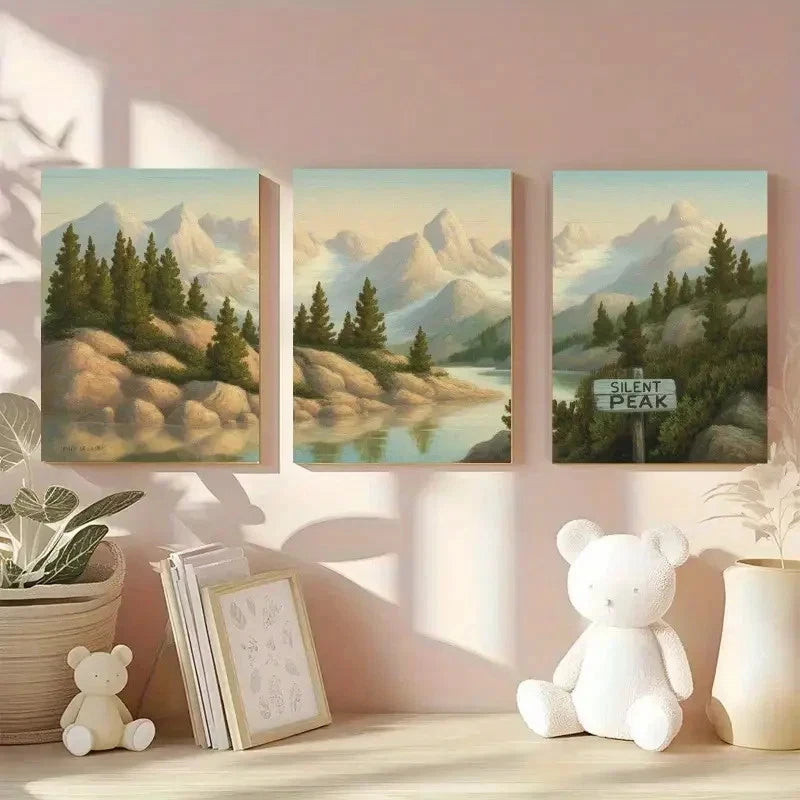 3pcs Pine Trees & Mountain Peaks Landscape Metal Print Ready to Hang Art