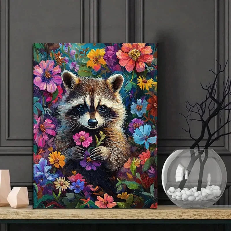 Cute Raccoon With Colorful Flowers Design 40x60cm Metal Print Ready to Hang