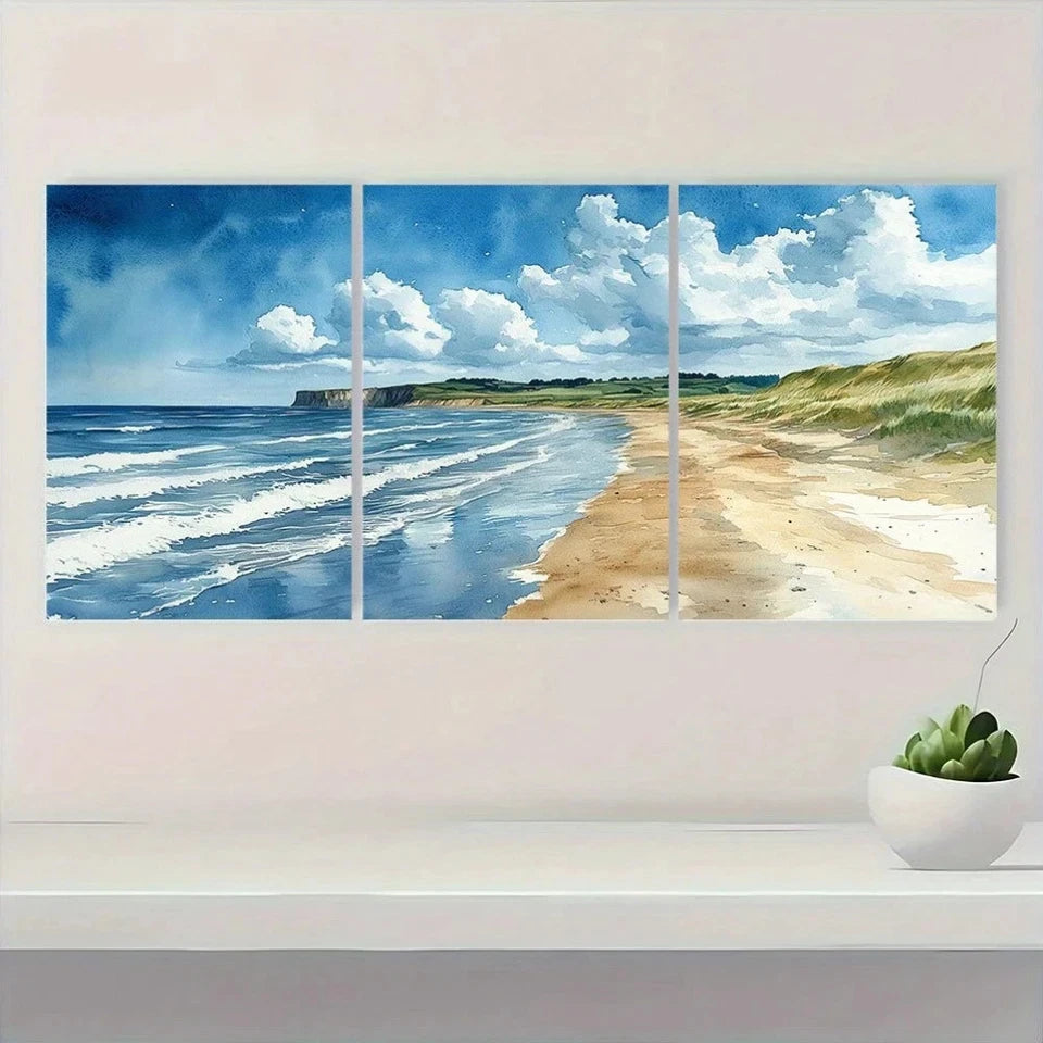 3pcs Coastal Green Hills Watercolor Metal Print Ready to Hang Art