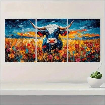3pcs Vibrant Blue & White Cow In Wildflower Metal Print Ready to Hang Art