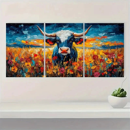 3pcs Vibrant Blue & White Cow In Wildflower Metal Print Ready to Hang Art