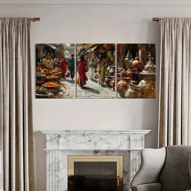 3pcs Indian Market Colorful Pottery Wall Art Set Canvas Framed 40x60cm - High Quality Print 100% Australian Made Wall Canvas Ready to Hang