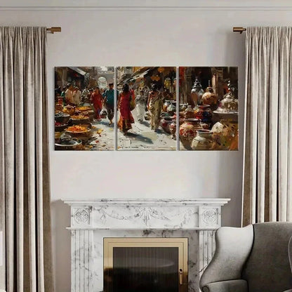 3pcs Indian Market Colorful Pottery Wall Art Set Canvas Framed 40x60cm - High Quality Print 100% Australian Made Wall Canvas Ready to Hang