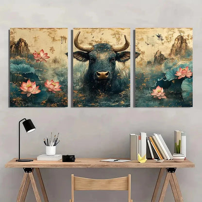 3pcs Cow Long Horns Animal Themed Florals Metal Print Ready to Hang Art
