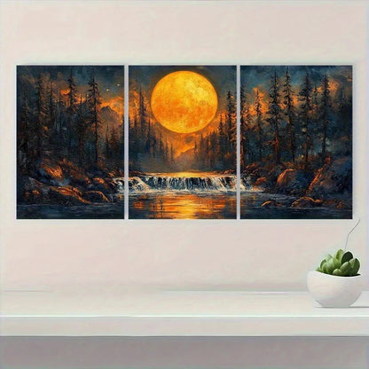 3pcs Moonlit Forest & Waterfall Night Scene Metal Print Ready to Hang Art
