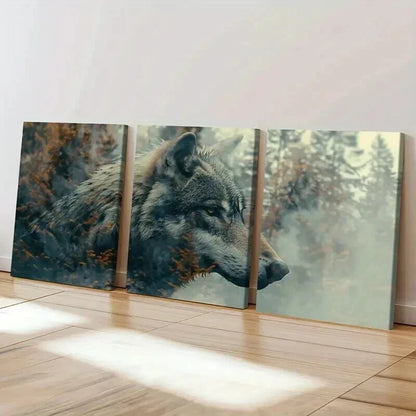 3pcs Wolf Profile Artwork Wildlife Scene Forest Wall Art Set Canvas Framed 40x60cm - High Quality Print 100% Australian Made Wall Canvas Ready to Hang