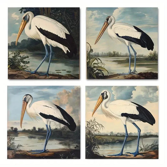 4pcsElegant Long-Billed BirdWall Art Canvas Framed