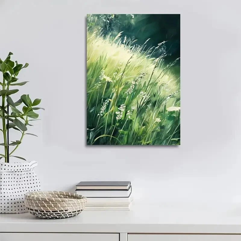Green Mint Grass Meadow Painting 40x60cm Metal Print Ready to Hang
