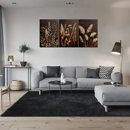 3pcs Golden Grasses Elegant Nature Metal Print Ready to Hang Art