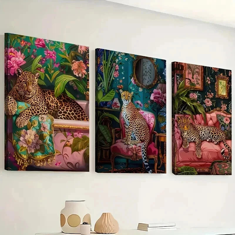 3pcs Three Cheetah Stylish Murals Perfect Wall Art Set Canvas Framed 50x70cm - High Quality Print 100% Australian Made Wall Canvas Ready to Hang