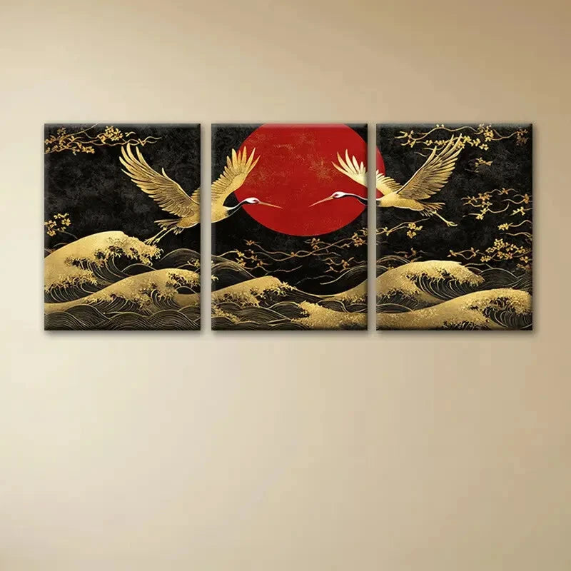 3pcs White Cranes Flying Over The Sea Metal Print Ready to Hang Art