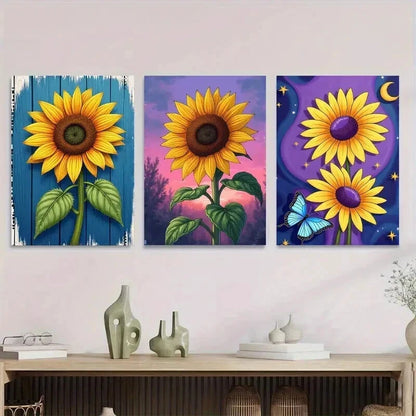 3pcs Vibrant Sunflower Modern Classic Floral Sky Wall Art Set Canvas Framed 50x70cm - High Quality Print 100% Australian Made Wall Canvas Ready to Hang