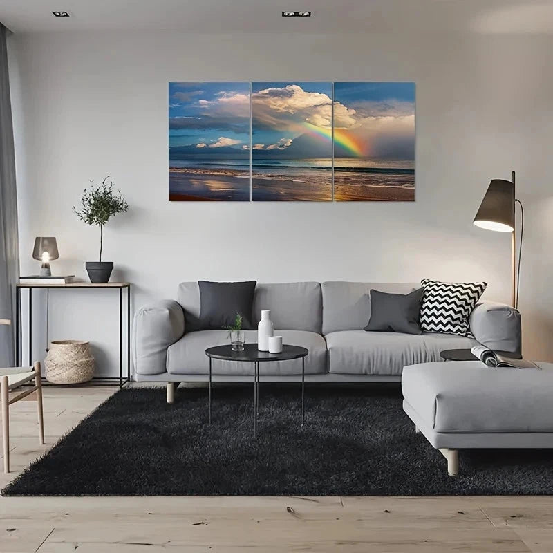 3pcs Rainbow Over the Ocean Serene Sunset Metal Print Ready to Hang Art