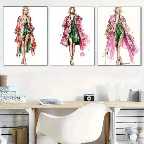 3pcs Fashion Sketch Style Triptych Wall Art Set Canvas Framed 60x90cm - High Quality Print 100% Australian Made Wall Canvas Ready to Hang