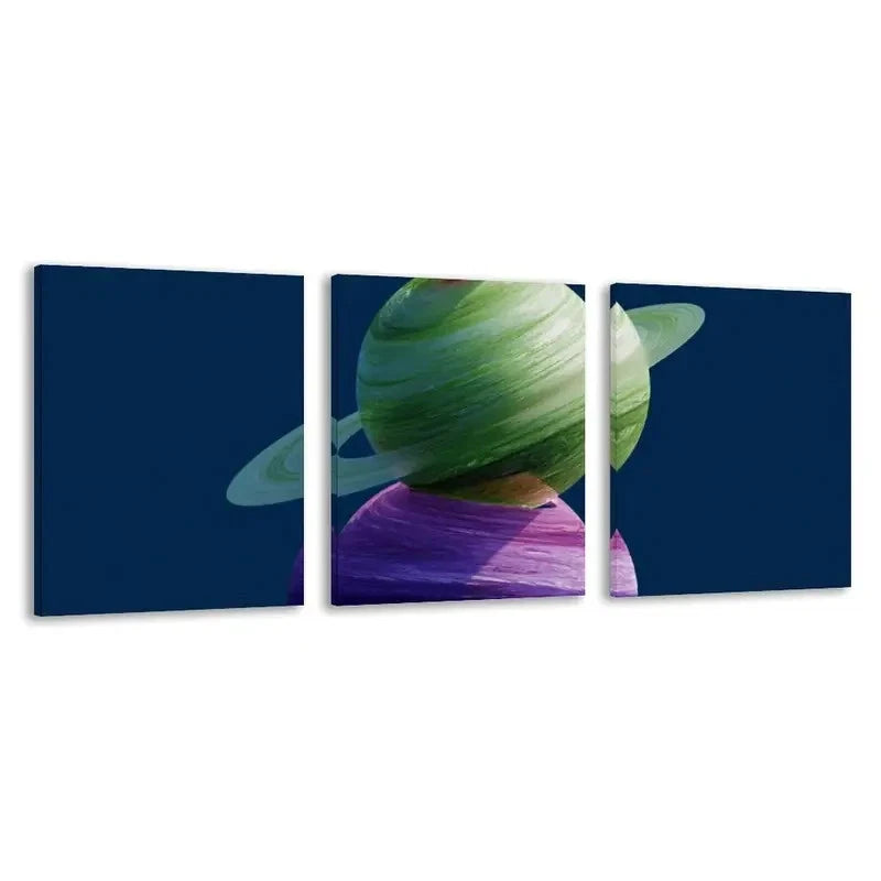 3pcs Green Ringed Planet Rests On Purple Sphere   Wall Art Set Canvas Framed 60x90cm - High Quality Print 100% Australian Made Wall Canvas Ready to Hang