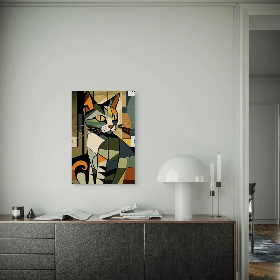 Olive - Toned Geometric Cat Metal Print Ready to Hang