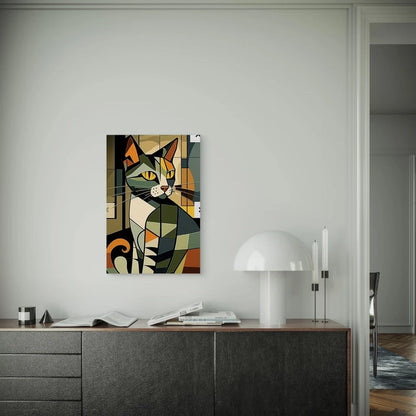 Olive - Toned Geometric Cat Metal Print Ready to Hang