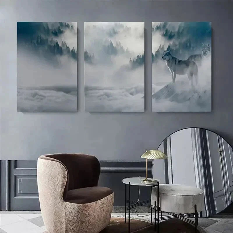 3pcs Wolf in Misty Mountains Snowy Forest Metal Print Ready to Hang Art