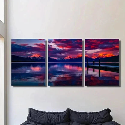 3pcs Lake and Snow Capped Mountains at Sunset Wall Art Set Canvas Framed 40x60cm - High Quality Print 100% Australian Made Wall Canvas Ready to Hang