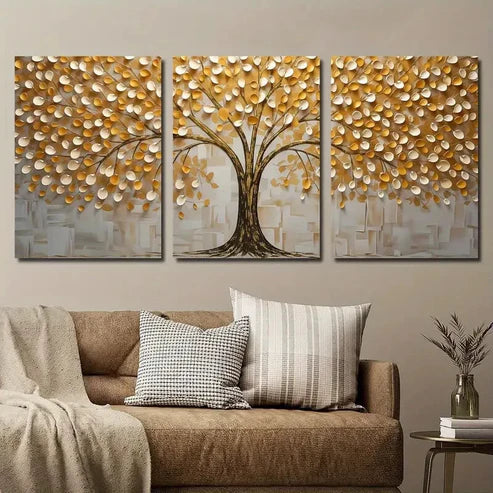 3pcs Golden Black and White Tree Texture Wall Art Set Canvas Unframed - High Quality Print 100% Australian Made Wall Canvas