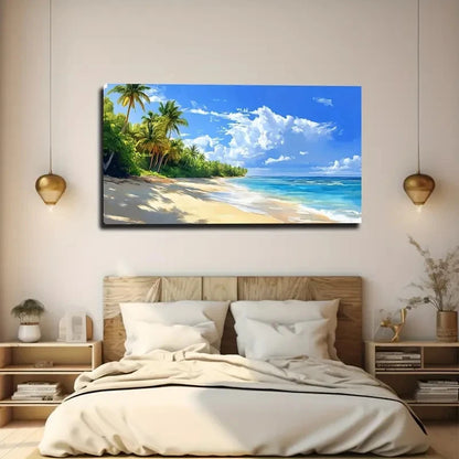 Beach Scene with Palm Trees Wall Art canvas office home room framed 120x60cm