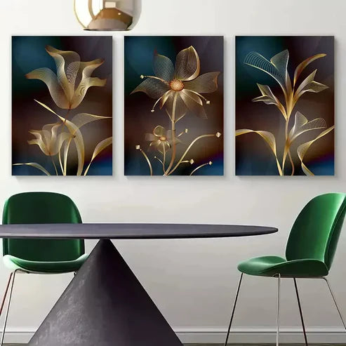 3pcs Vintage Wall Art Abstract Golden Flower Canvas Framed 60x90cm - High Quality Print 100% Australian Made Wall Canvas Ready to Hang