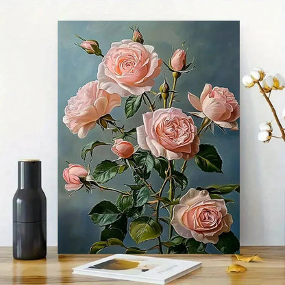 Pink Roses Green Leaves Floral Painting  40x60cm Metal Print Ready to Hang