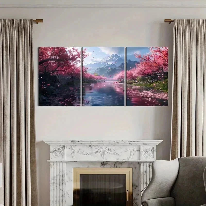 3pcs Anime Cherry Blossom Tree Landscape Wall Art Set Canvas Framed 40x60cm - High Quality Print 100% Australian Made Wall Canvas Ready to Hang