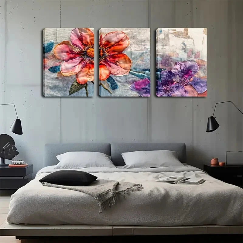3pcs Red Flowers And Purple Leaves Décor Perfect Wall Art Set Canvas Framed 40x60cm - High Quality Print 100% Australian Made Wall Canvas Ready to Hang