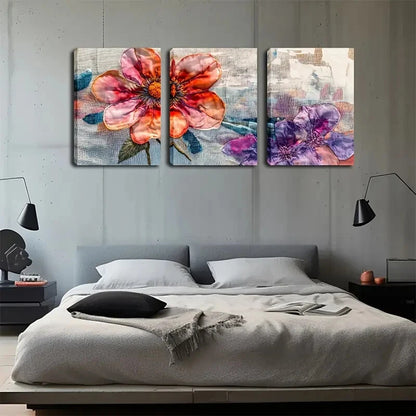 3pcs Red Flowers And Purple Leaves Décor Perfect Wall Art Set Canvas Framed 40x60cm - High Quality Print 100% Australian Made Wall Canvas Ready to Hang