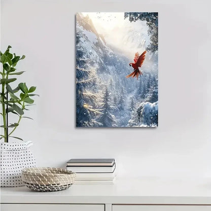 Parrot Swinging from Trees on a Snowy Painting 40x60cm Metal Print Ready to Hang