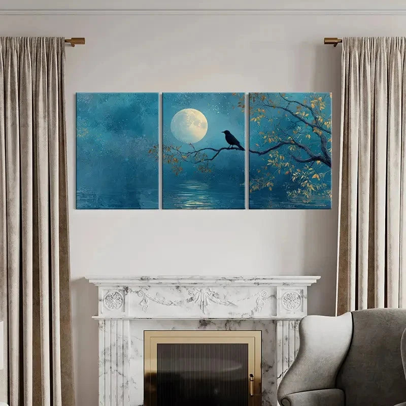 3pcs Black Bird, Autumn Leaves Night, Serene Wall Art Set Canvas Framed 50x70cm - High Quality Print 100% Australian Made Wall Canvas Ready to Hang