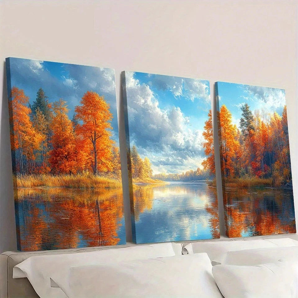 3pcs Vibrant Autumn Colorful Tree River Wall Art Set Canvas Framed 60x90cm - High Quality Print 100% Australian Made Wall Canvas Ready to Hang