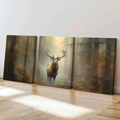 3pcs Vintage Red Deer in Foggy Forest Wall Art Set Canvas Framed 40x60cm - High Quality Print 100% Australian Made Wall Canvas Ready to Hang