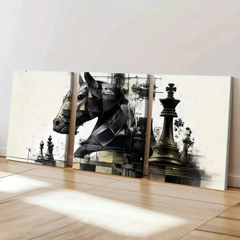 3pcs Pieces in Chess Abstract Artistic Wall Art Set Canvas Framed 40x60cm - High Quality Print 100% Australian Made Wall Canvas Ready to Hang