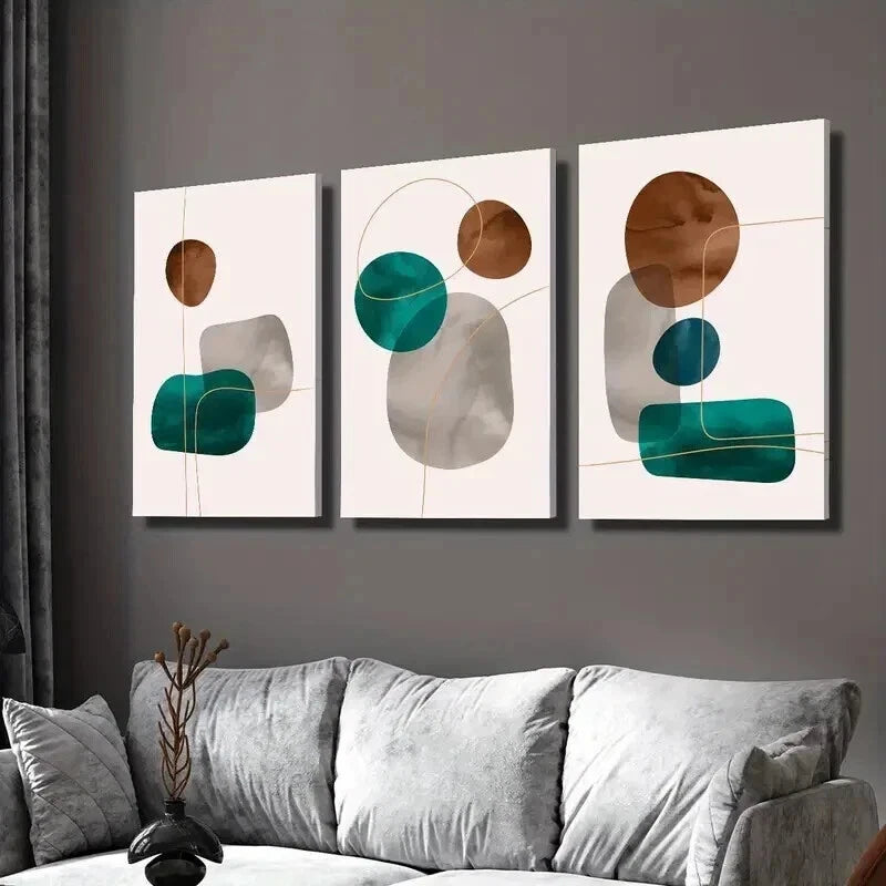 3pcs Blue Brown Grey Geometric Shape & Gold Line Wall Art Set Canvas Framed 40x60cm - High Quality Print 100% Australian Made Wall Canvas Ready to Hang