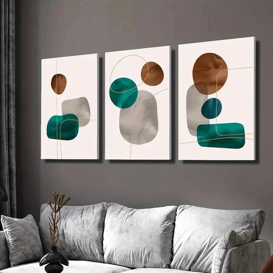 3pcs Blue Brown Grey Geometric Shape & Gold Line Wall Art Set Canvas Framed 40x60cm - High Quality Print 100% Australian Made Wall Canvas Ready to Hang