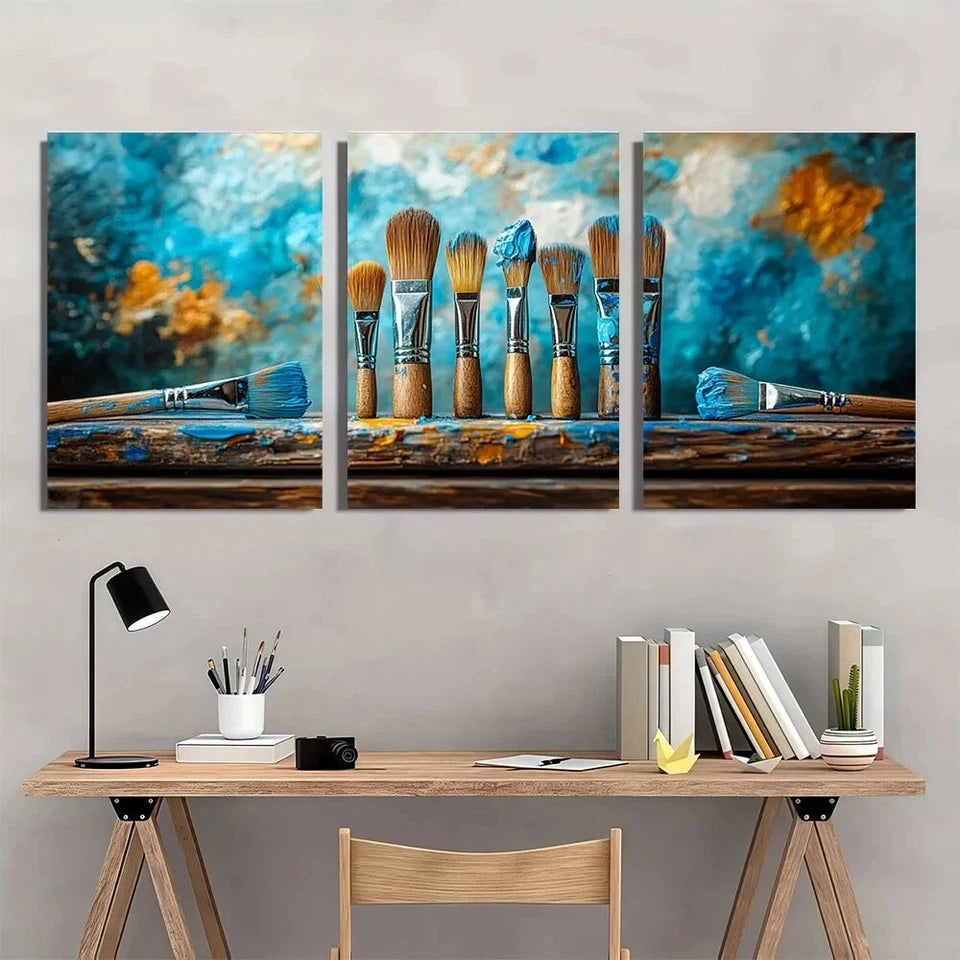 3pcs Vibrant Blue and Orange Paint Brushes Metal Print Ready to Hang Art