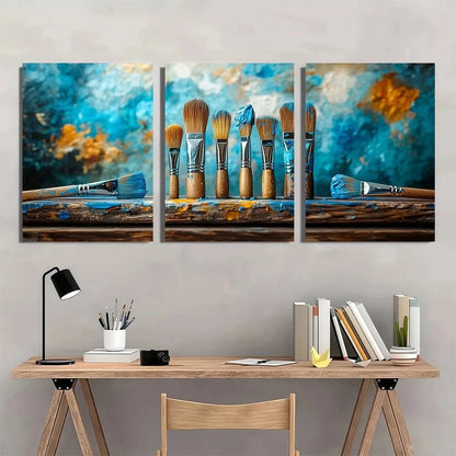 3pcs Vibrant Blue and Orange Paint Brushes Metal Print Ready to Hang Art