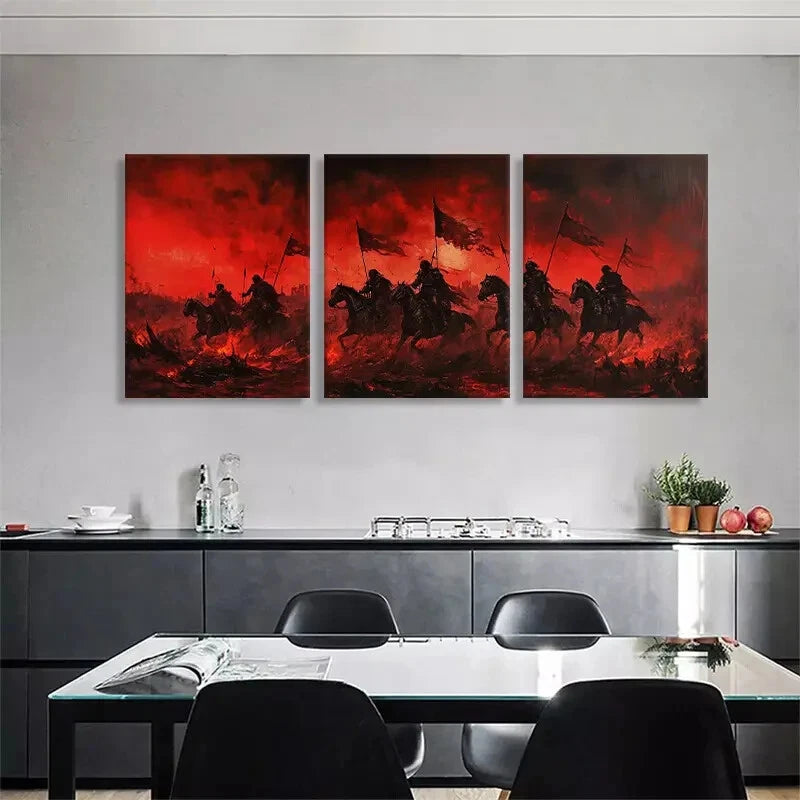 3pcs Red Warrior Cavalry Horsemen Flags Perfect Wall Art Set Canvas Framed 40x60cm - High Quality Print 100% Australian Made Wall Canvas Ready to Hang