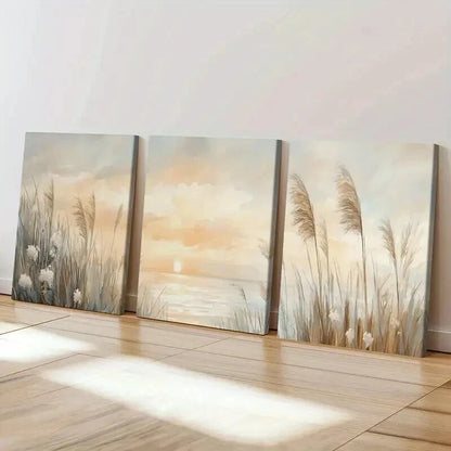 3pcs Sunset & Reeds Modern Landscape Wall Art Set Canvas Framed 40x60cm - High Quality Print 100% Australian Made Wall Canvas Ready to Hang