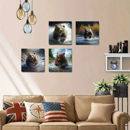 4pcsBear Realistic Charging Grizzly  Wall Art Canvas Framed