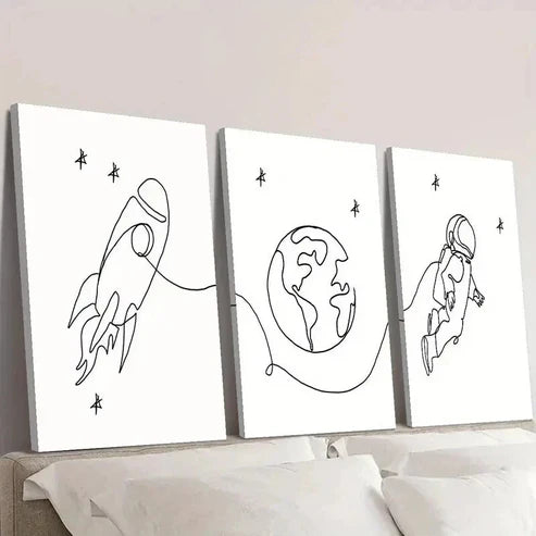 3pcs Earth Rocket Astronaut Line Drawings Wall Art Set Canvas Unframed - High Quality Print 100% Australian Made Wall Canvas