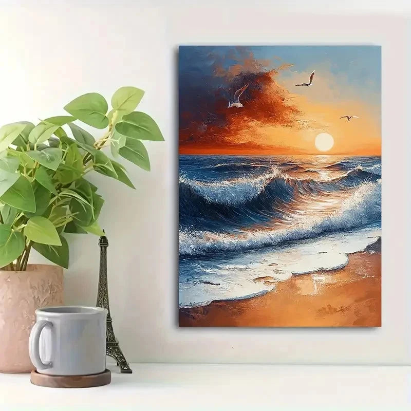 Beautiful Coastal Seascape With Birds Painting 40x60cm Metal Print Ready to Hang