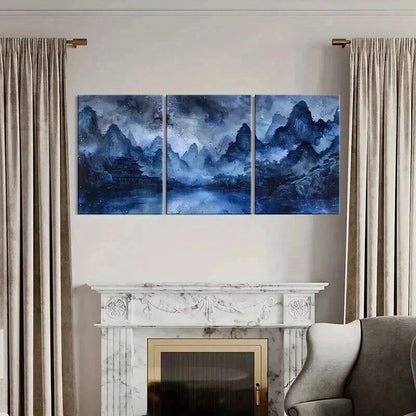 3pcs Bluish Chinese Traditional Landscape Metal Print Ready to Hang Art