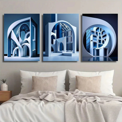 3pcs Modern Abstract Architecture Blue Geometric Metal Print Ready to Hang Art