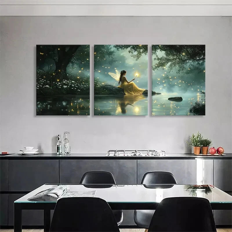 3pcs Fairy in Enchanted Forest Glowing Perfect Wall Art Set Canvas Framed 40x60cm - High Quality Print 100% Australian Made Wall Canvas Ready to Hang