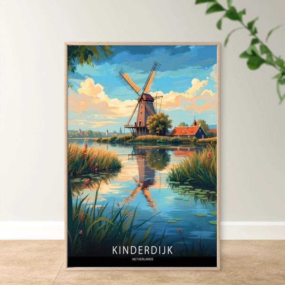 Kinderdijk Netherlands Greenery & Reflective Travel Poster Print Wall Art
